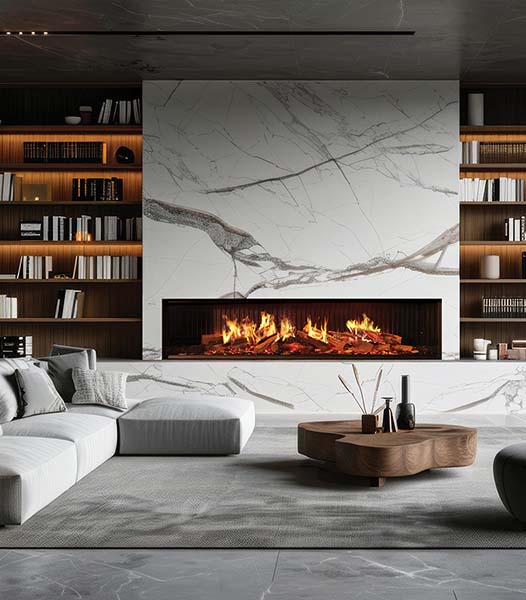 living room, marble wall fireplace and stylish bookcase to the c